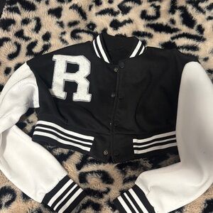 Cropped Black and White Letterman Jacket with 'R' Patch
